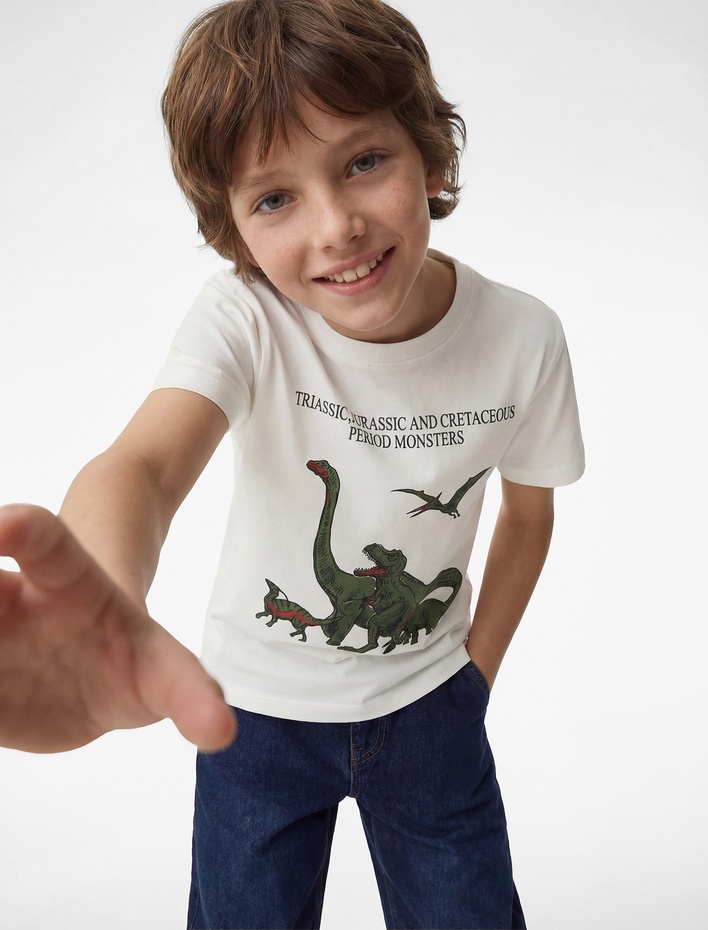 Erkek Çocuk Dinozor Baskılı Kısa Kollu Bisiklet Yaka Pamuklu Tişört