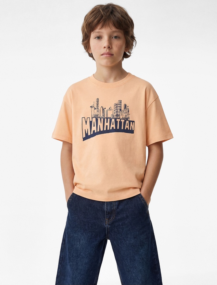 Erkek Çocuk Kısa Kollu Bisiklet Yaka Baskılı Pamuklu Tişört