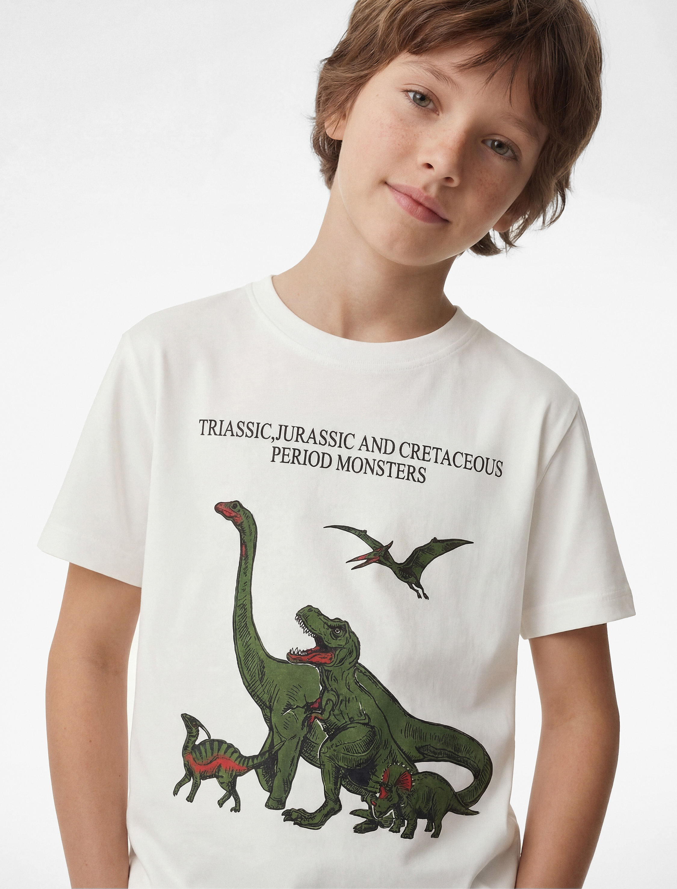  Erkek Çocuk Dinozor Baskılı Kısa Kollu Bisiklet Yaka Pamuklu Tişört