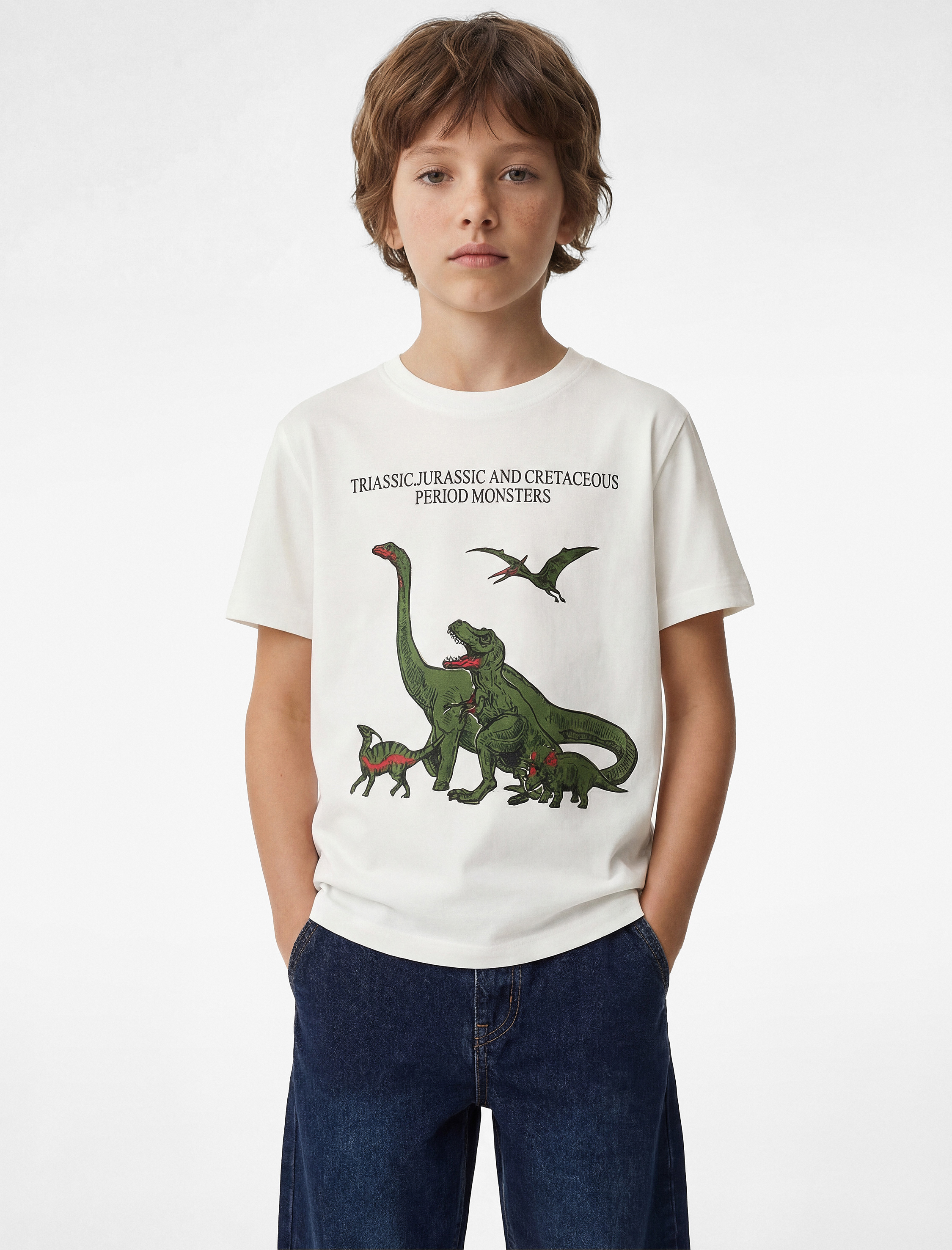  Erkek Çocuk Dinozor Baskılı Kısa Kollu Bisiklet Yaka Pamuklu Tişört