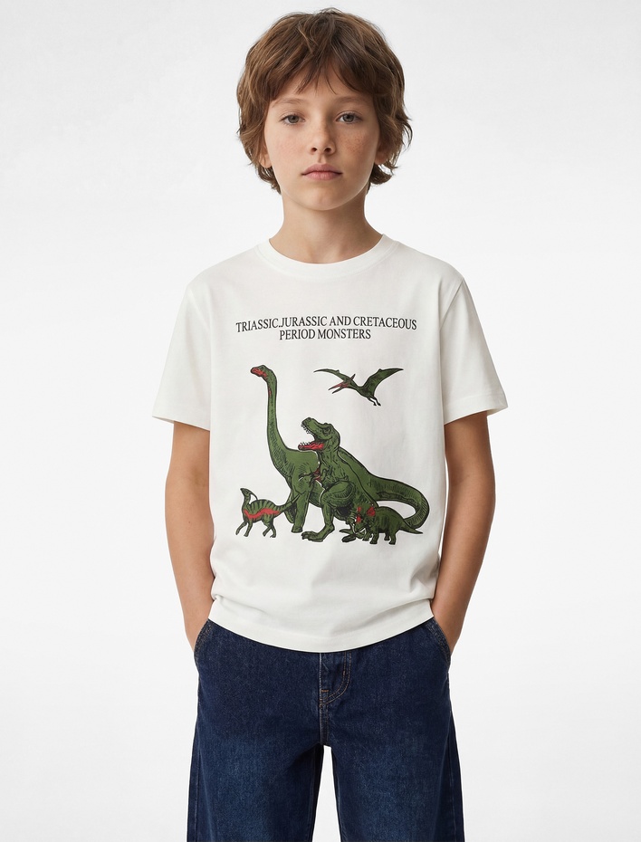 Erkek Çocuk Dinozor Baskılı Kısa Kollu Bisiklet Yaka Pamuklu Tişört