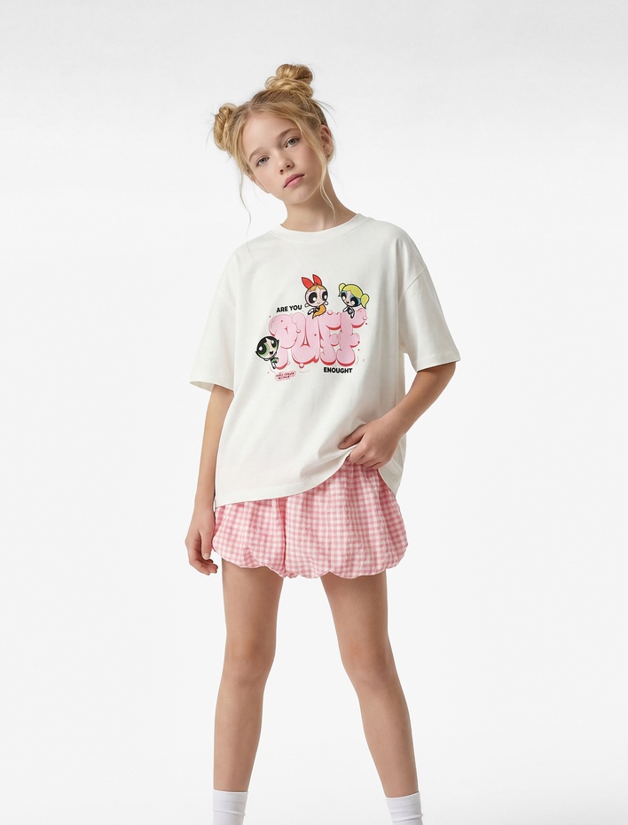 Kız Çocuk Lisanslı Powerpuff Girls Baskılı Kısa Kollu Bisiklet Yaka Pamuklu Tişört