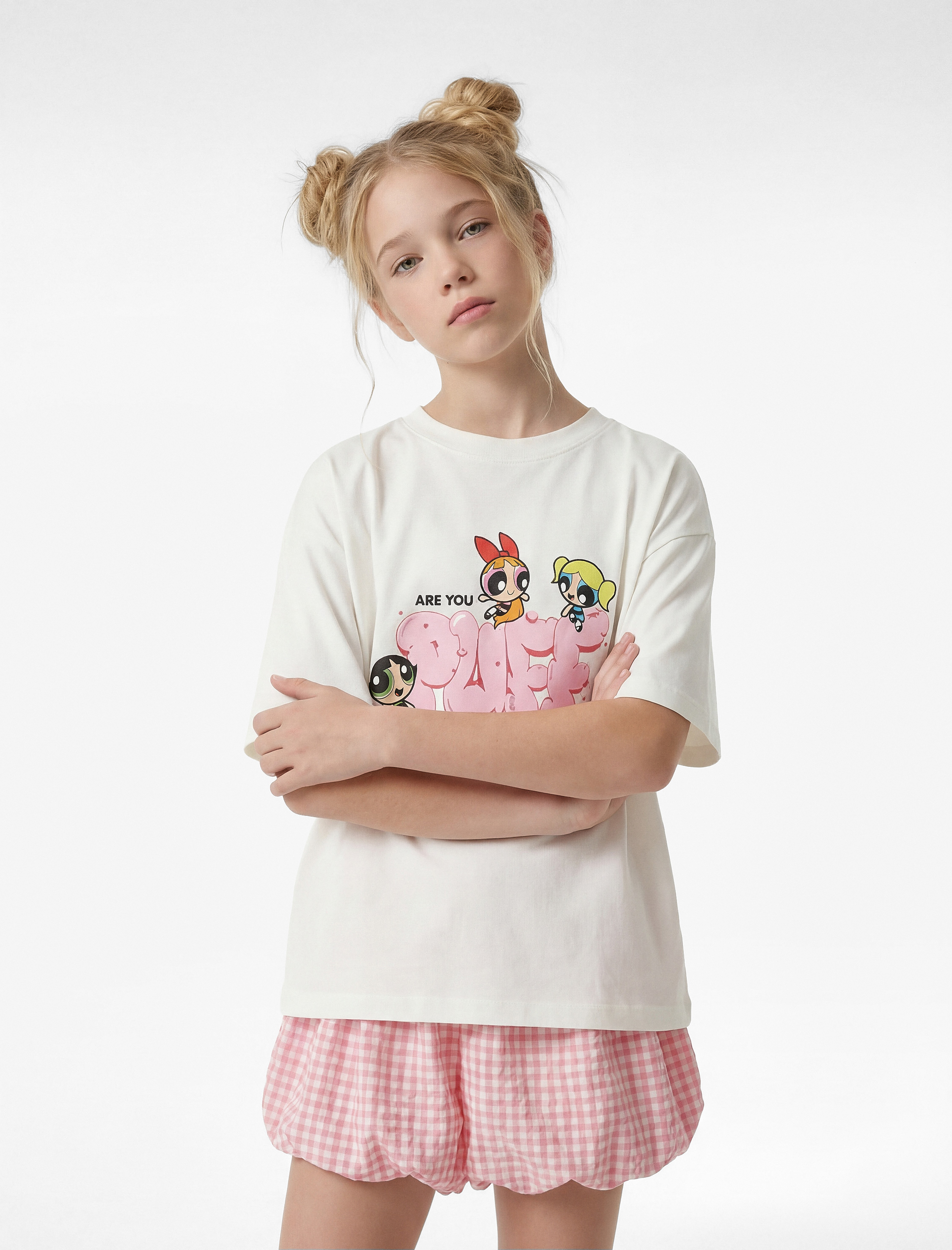  Kız Çocuk Lisanslı Powerpuff Girls Baskılı Kısa Kollu Bisiklet Yaka Pamuklu Tişört