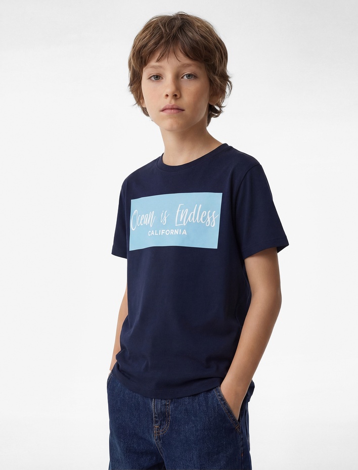 Erkek Çocuk Pamuklu Kısa Kollu Bisiklet Yaka Baskılı Tişört