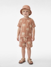 Kısa Kollu Bisiklet Yaka Palmiye Baskılı Pamuklu Oversize Tişört