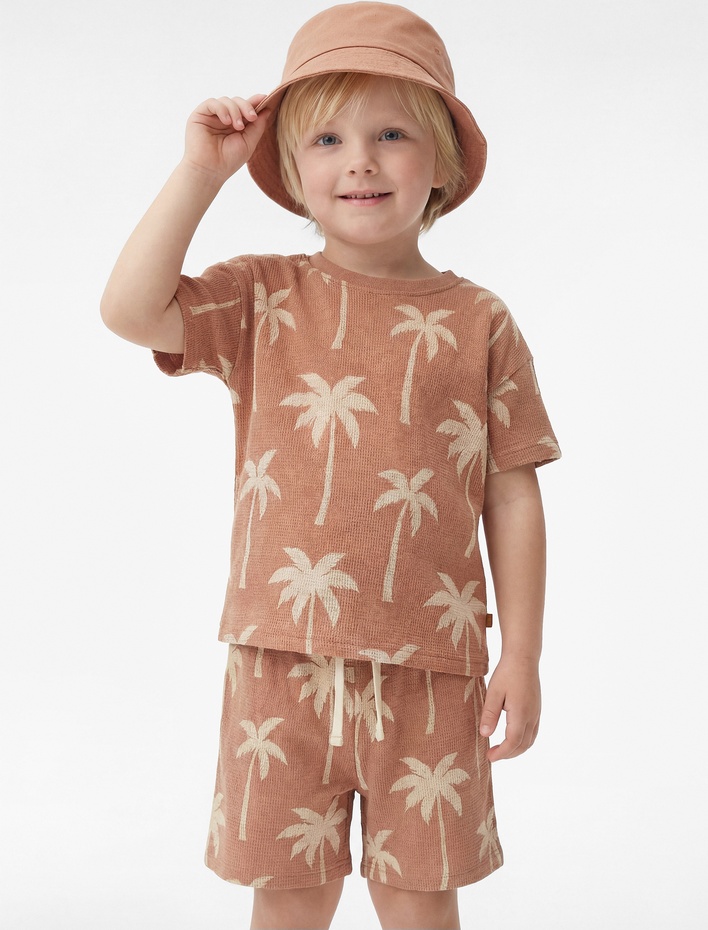 Erkek Bebek Kısa Kollu Bisiklet Yaka Palmiye Baskılı Pamuklu Oversize Tişört