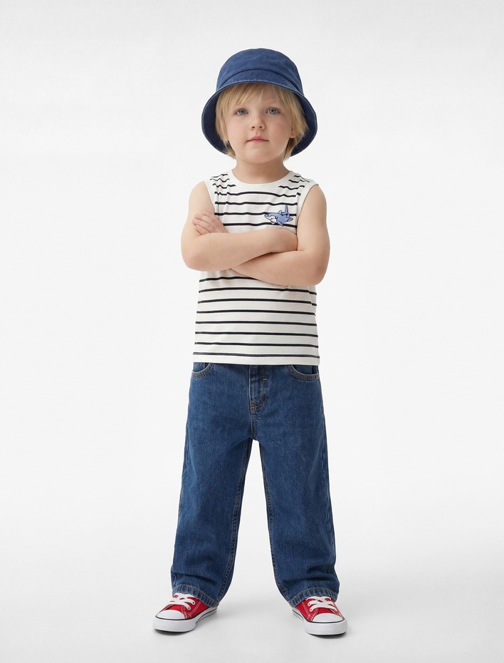Erkek Bebek Köpekbalığı Nakışlı Kolsuz Bisiklet Yaka Pamuklu Çizgili Atlet
