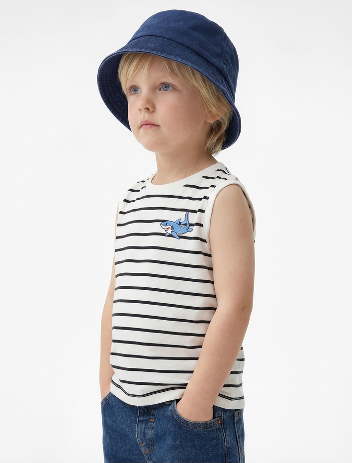 Erkek Bebek Köpekbalığı Nakışlı Kolsuz Bisiklet Yaka Pamuklu Çizgili Atlet