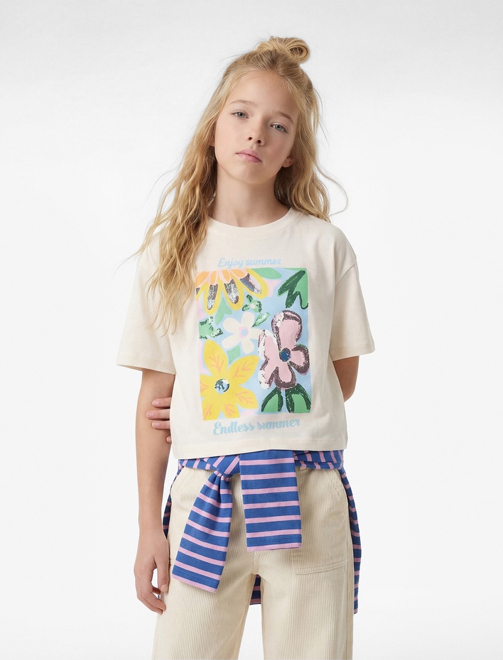 Kız Çocuk Pullu Payetli Bisiklet Yaka Kısa Kollu Pamuklu Tişört