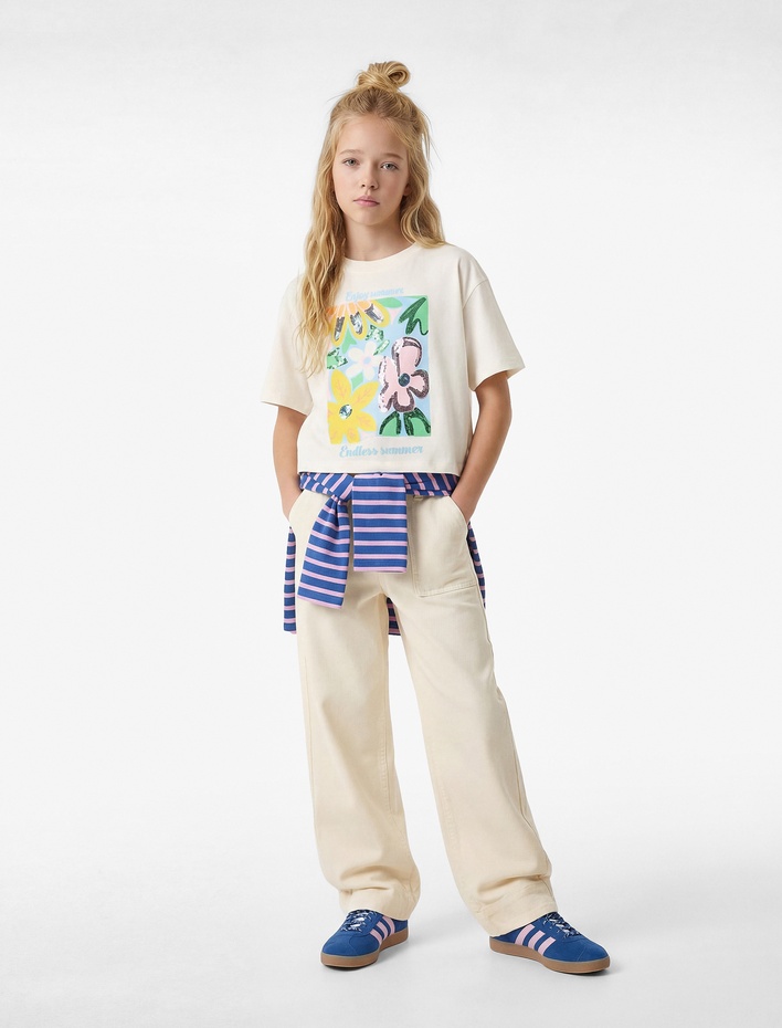 Kız Çocuk Pullu Payetli Bisiklet Yaka Kısa Kollu Pamuklu Tişört