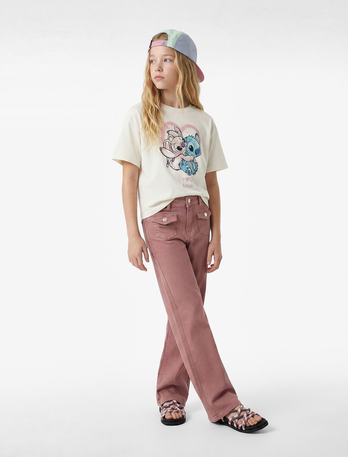 Kız Çocuk Stitch Baskılı Kısa Kollu Bisiklet Yaka Pamuklu Lisanslı Tişört