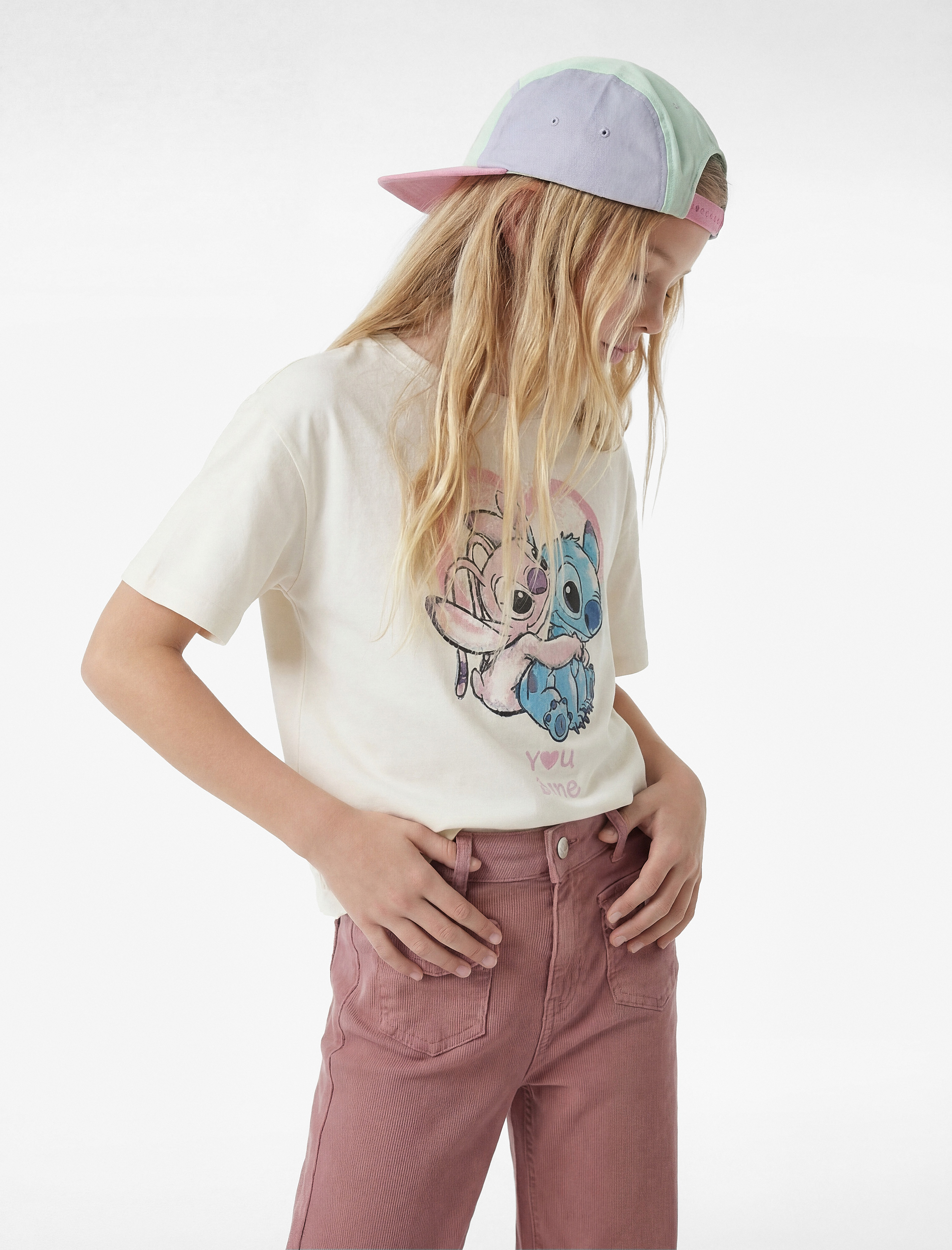  Kız Çocuk Stitch Baskılı Kısa Kollu Bisiklet Yaka Pamuklu Lisanslı Tişört