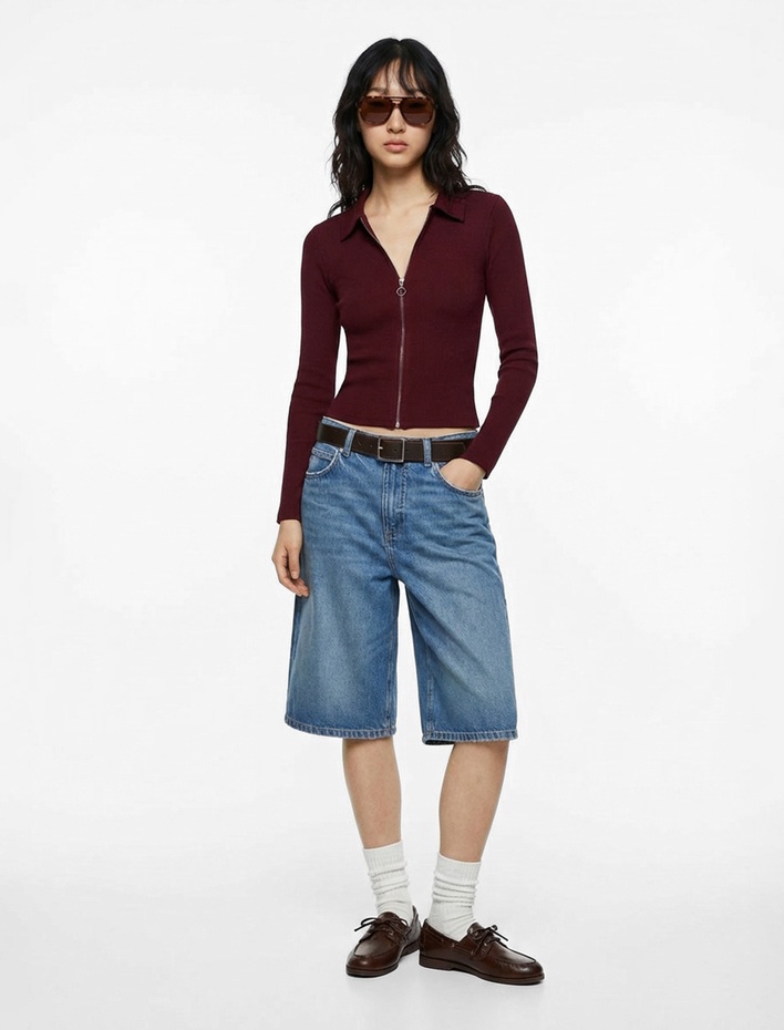  Pamuklu Fermuarlı Gömlek Yaka Uzun Kollu Tişört