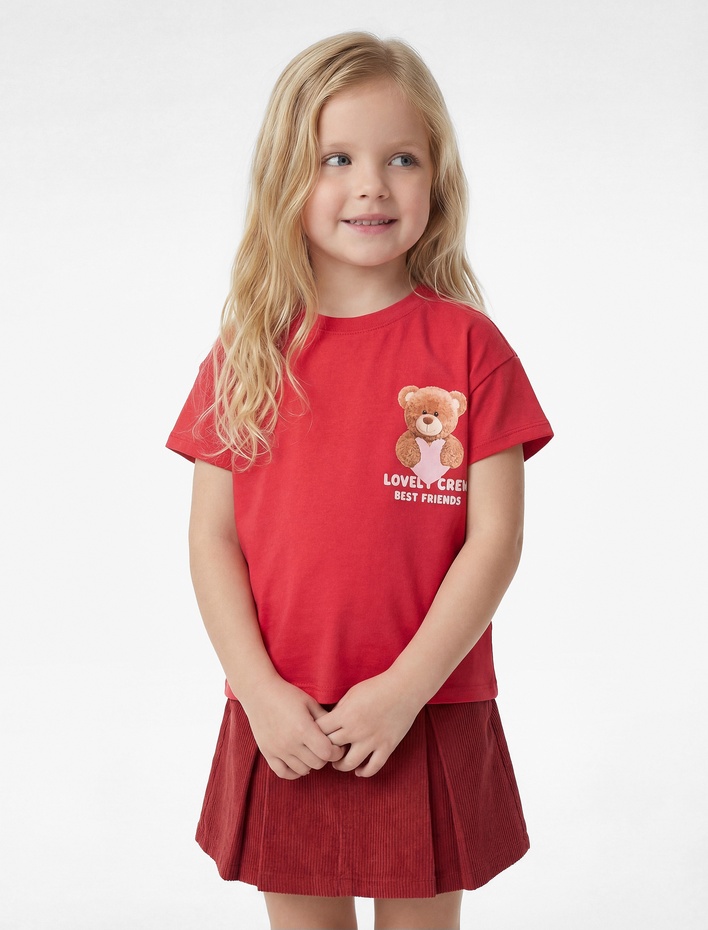 Kız Bebek Pamuklu Kısa Kollu Bisiklet Yaka Kalpli Ayıcık Baskılı Tişört