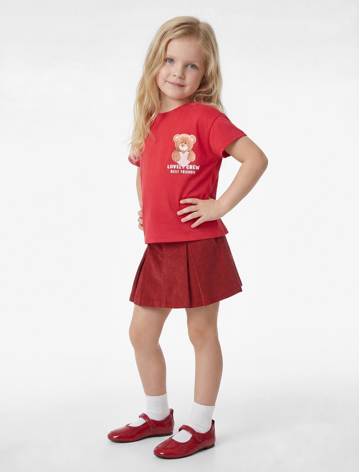 Kız Bebek Pamuklu Kısa Kollu Bisiklet Yaka Kalpli Ayıcık Baskılı Tişört