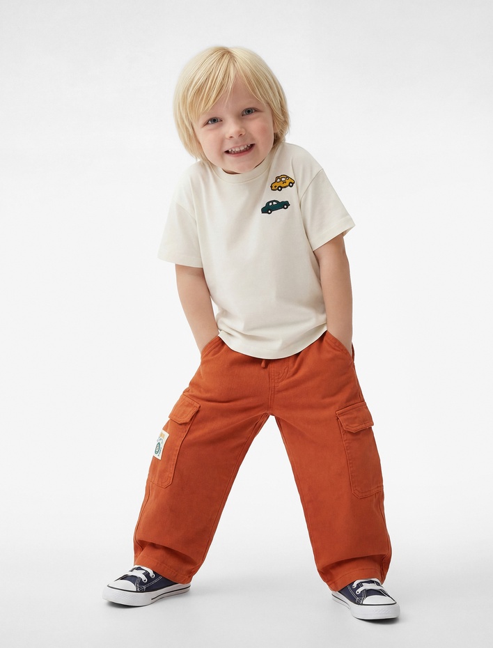 Erkek Bebek Pamuklu Bisiklet Yaka Kısa Kollu Araba Nakışlı Oversize Tişört