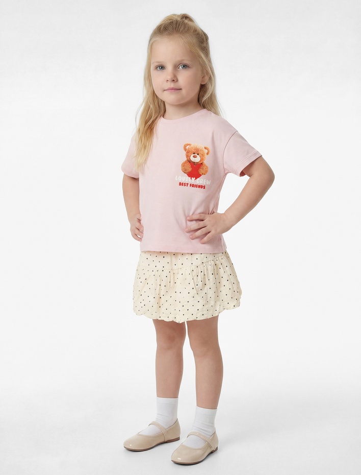 Kız Bebek Pamuklu Kısa Kollu Bisiklet Yaka Kalpli Ayıcık Baskılı Tişört
