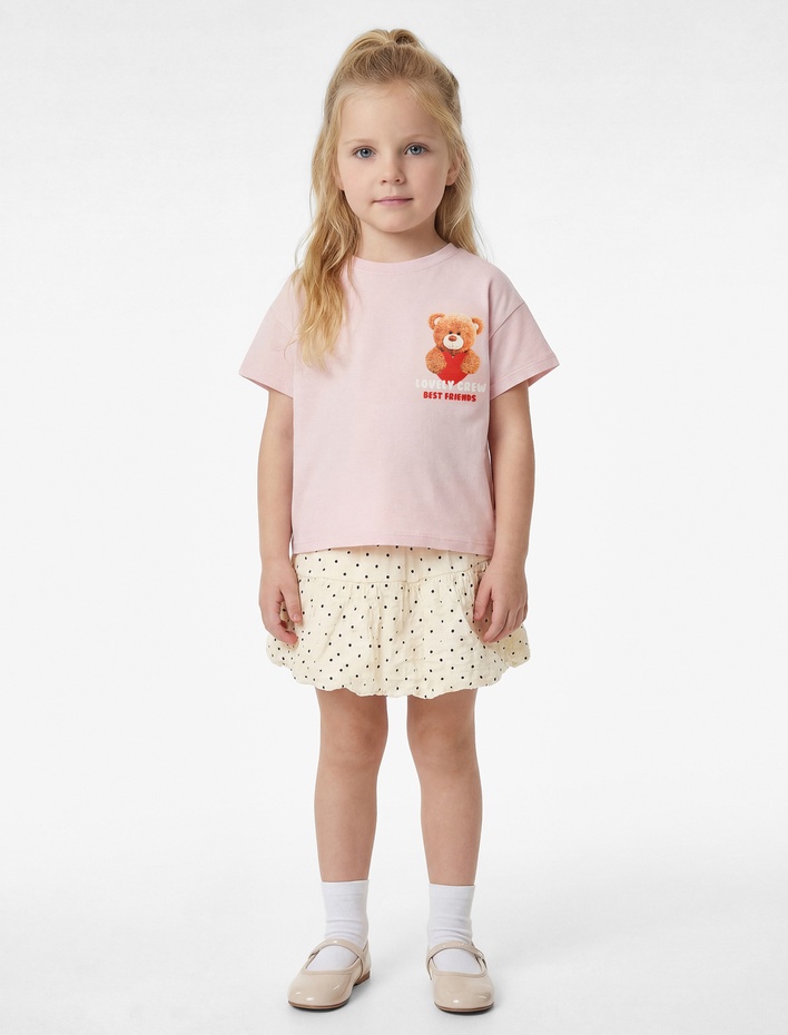 Kız Bebek Pamuklu Kısa Kollu Bisiklet Yaka Kalpli Ayıcık Baskılı Tişört