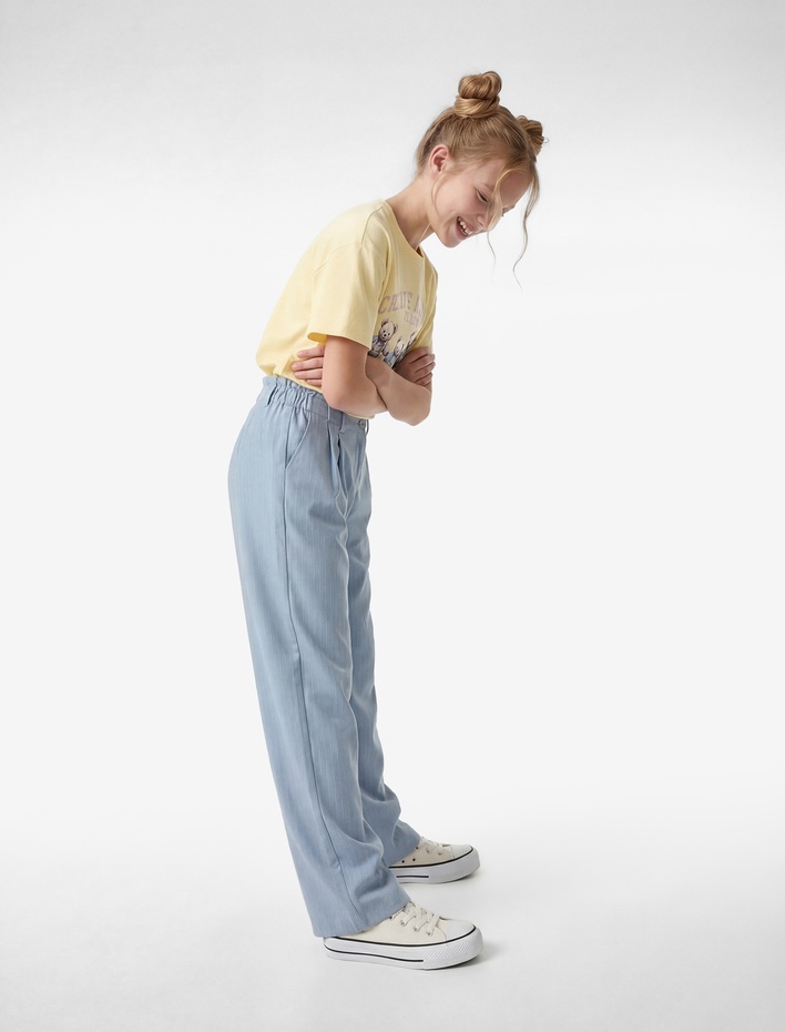 Kız Çocuk Viskon Karışımlı Yüksek Bel Çizgili Geniş Paça  Pantolon