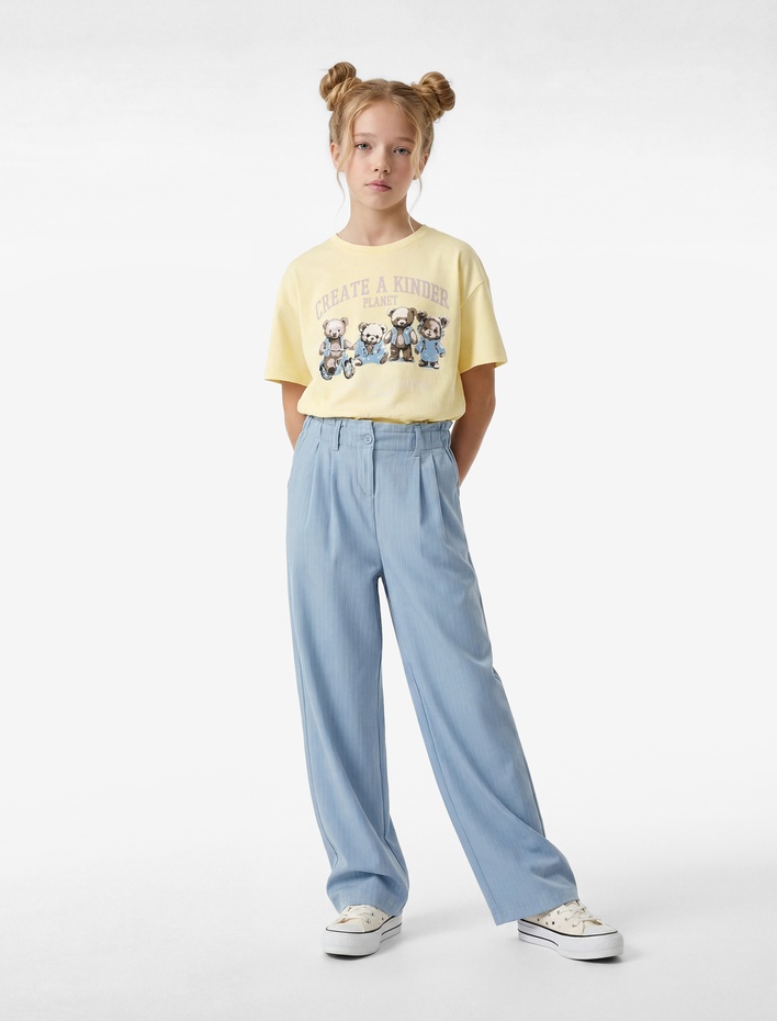 Kız Çocuk Viskon Karışımlı Yüksek Bel Çizgili Geniş Paça  Pantolon