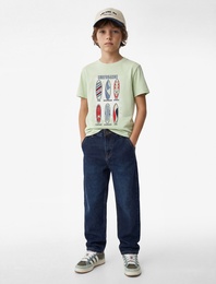 Pamuklu Bisiklet Yaka Kısa Kollu Baskılı Tişört