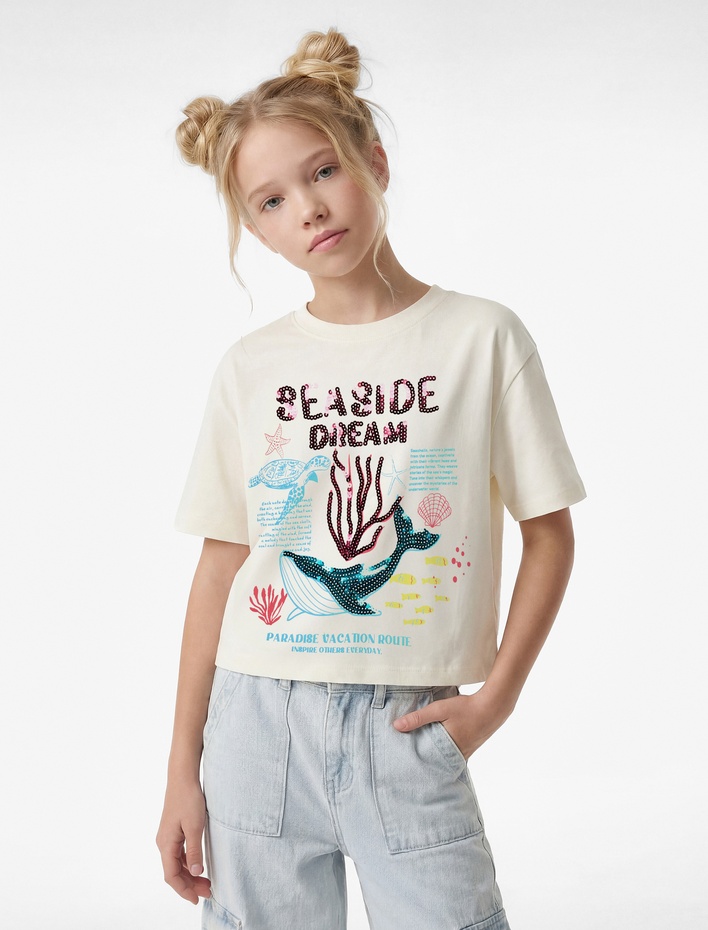 Kız Çocuk Pullu Payetli Kısa Kollu Bisiklet Yaka Pamuklu Tişört