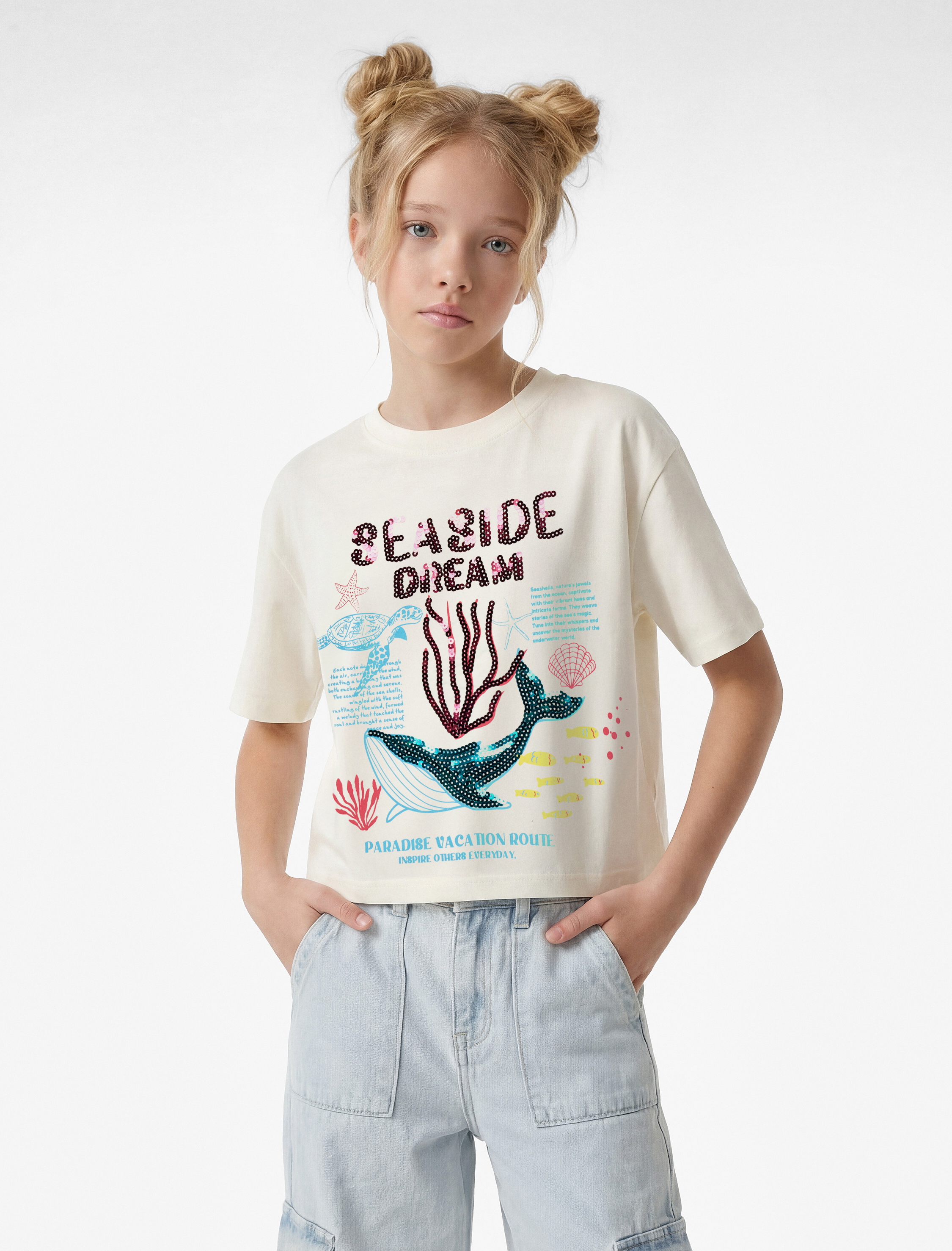  Kız Çocuk Pullu Payetli Kısa Kollu Bisiklet Yaka Pamuklu Tişört