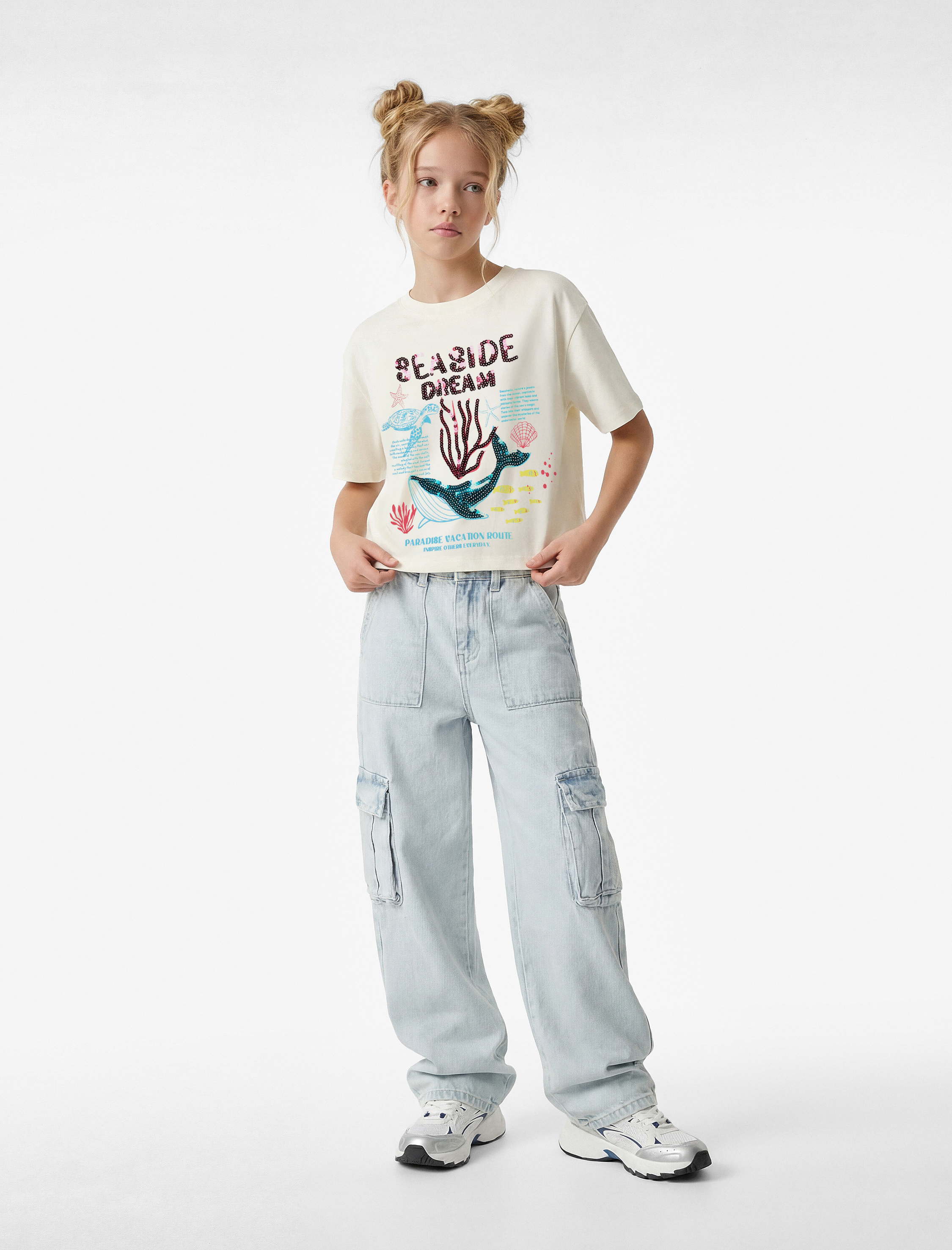  Kız Çocuk Pullu Payetli Kısa Kollu Bisiklet Yaka Pamuklu Tişört