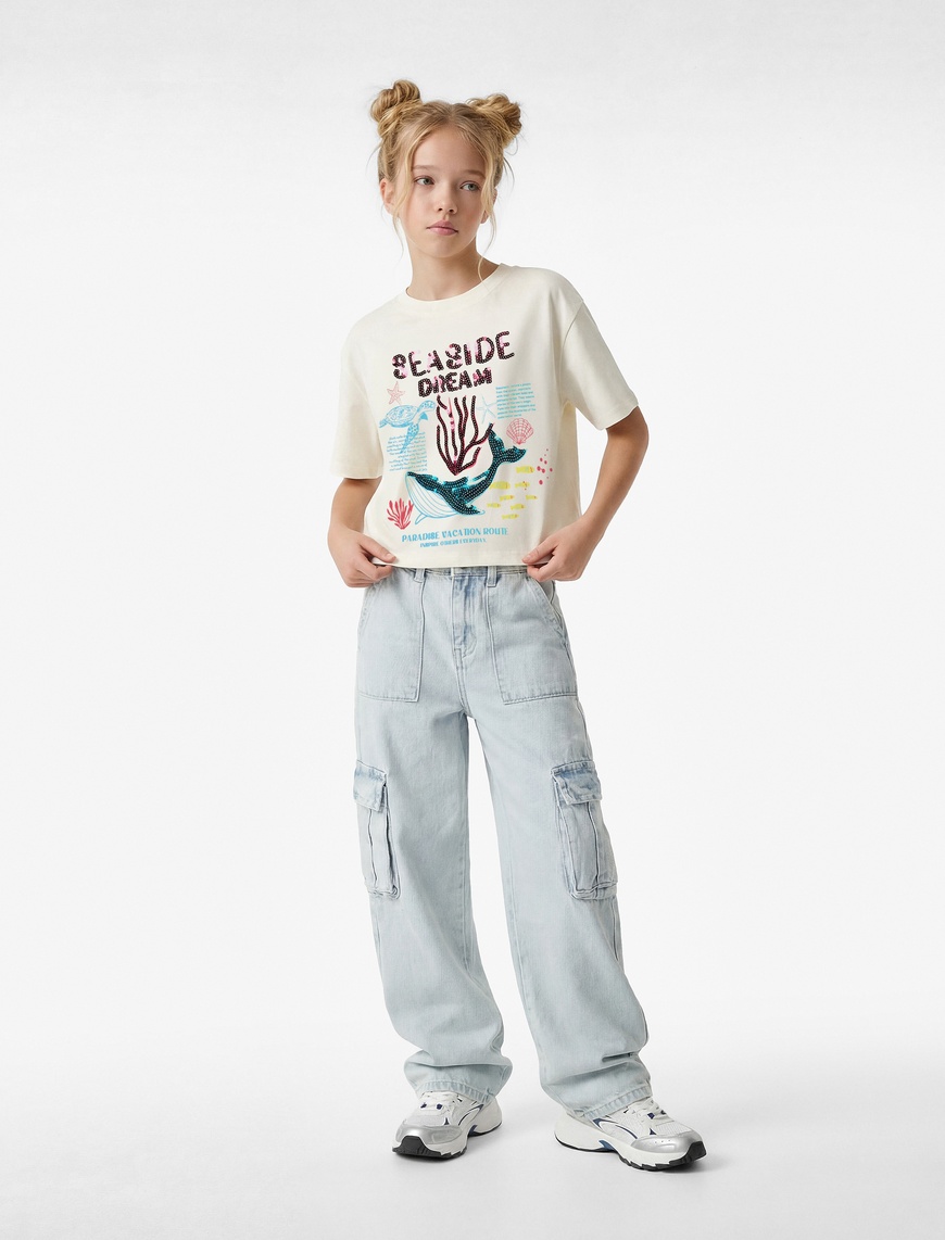 Koton Pullu Payetli Kısa Kollu Bisiklet Yaka Pamuklu T-Shirt