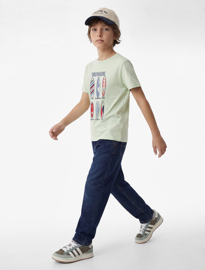 Erkek Çocuk Pamuklu Bisiklet Yaka Kısa Kollu Baskılı Tişört