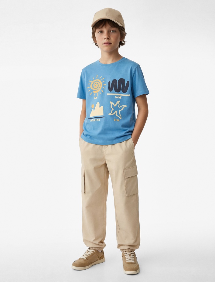 Erkek Çocuk Baskılı Kısa Kollu Bisiklet Yaka Pamuklu Tişört