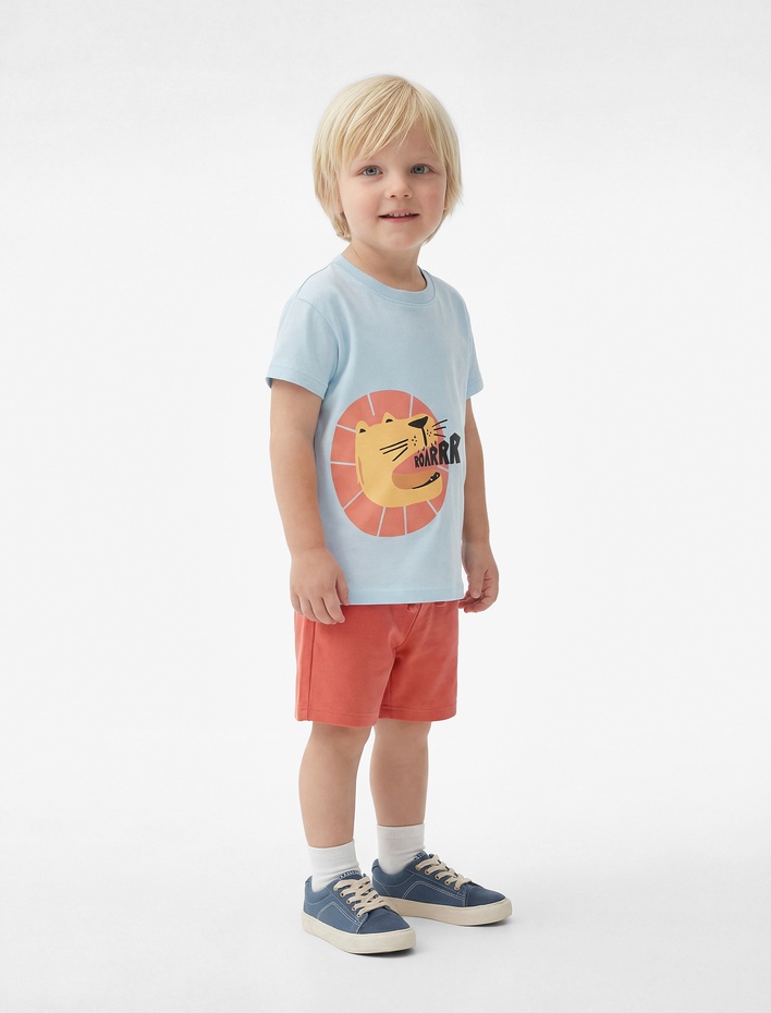 Erkek Bebek Aslan Baskılı Kısa Kollu Bisiklet Yaka Tişört ve Şort Seti - 2'li Takım