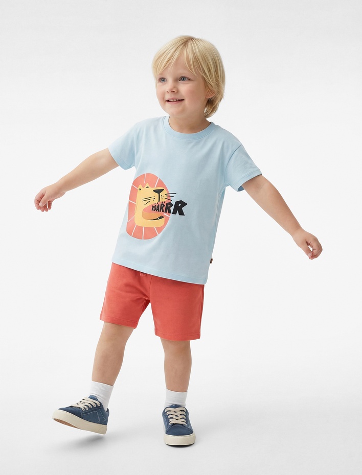 Erkek Bebek Aslan Baskılı Kısa Kollu Bisiklet Yaka Tişört ve Şort Seti - 2'li Takım