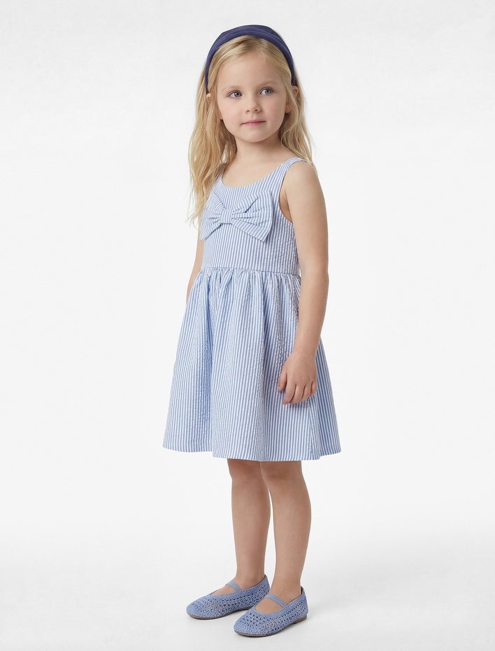 Kız Bebek Fiyonk Detaylı Bisiklet Yaka Çizgili Askılı Elbise
