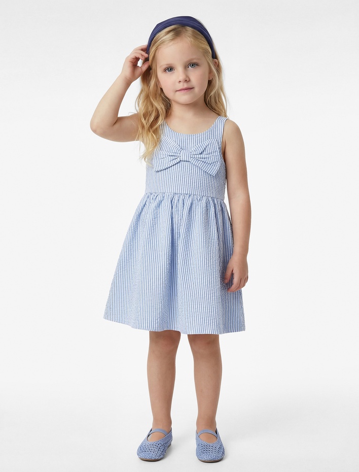 Kız Bebek Fiyonk Detaylı Bisiklet Yaka Çizgili Askılı Elbise