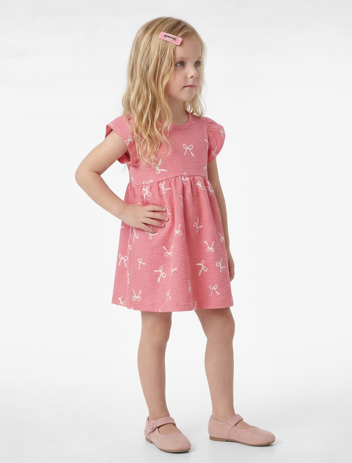 Kız Bebek Kısa Kollu Bisiklet Yaka Fiyonk Baskılı Pamuklu Elbise