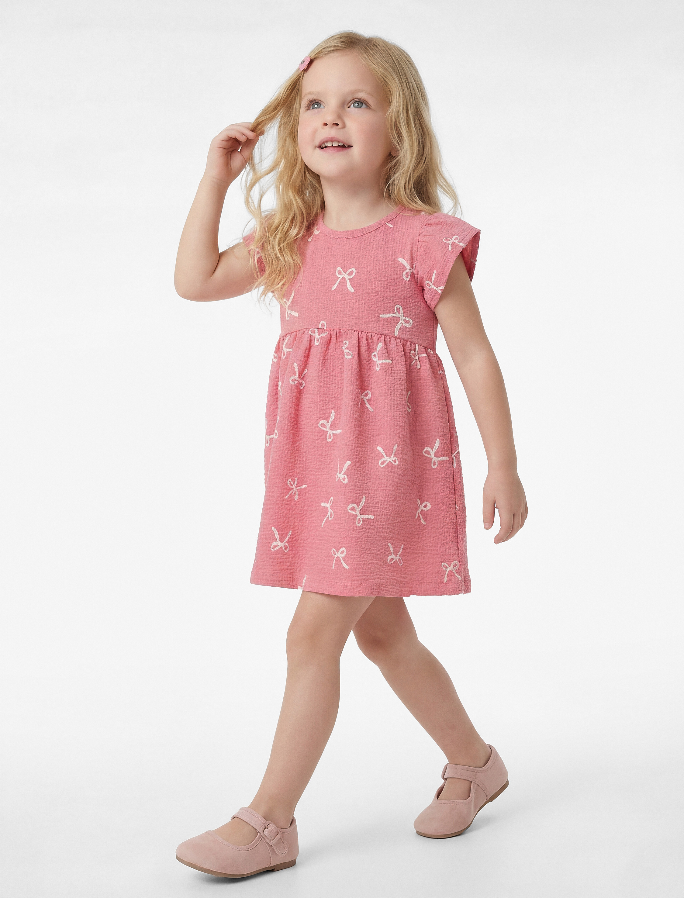  Kız Bebek Kısa Kollu Bisiklet Yaka Fiyonk Baskılı Pamuklu Elbise