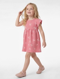 Kısa Kollu Bisiklet Yaka Fiyonk Baskılı Pamuklu Elbise