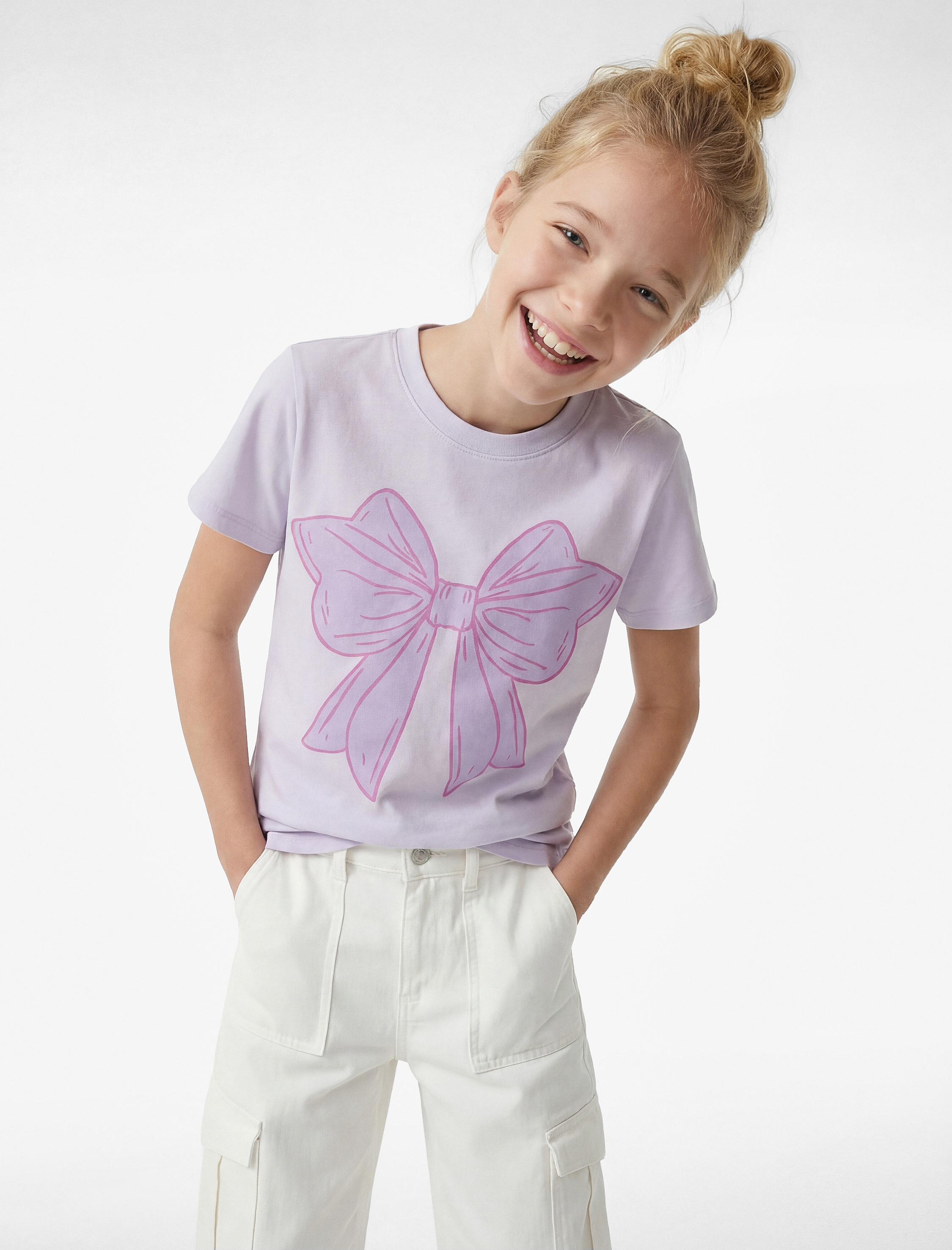  Kız Çocuk Fiyonk Baskılı Kısa Kollu Bisiklet Yaka Pamuklu Tişört
