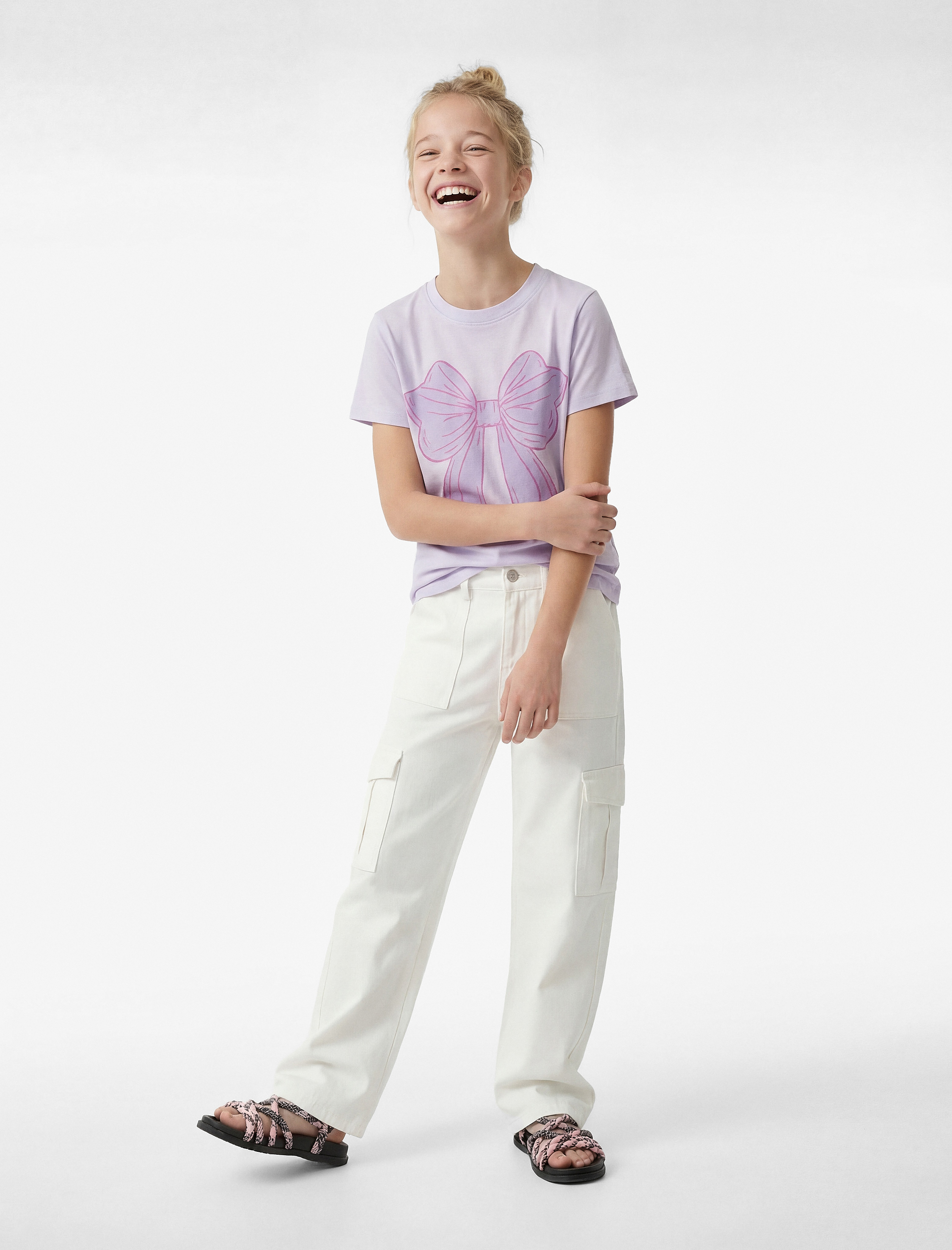  Kız Çocuk Fiyonk Baskılı Kısa Kollu Bisiklet Yaka Pamuklu Tişört