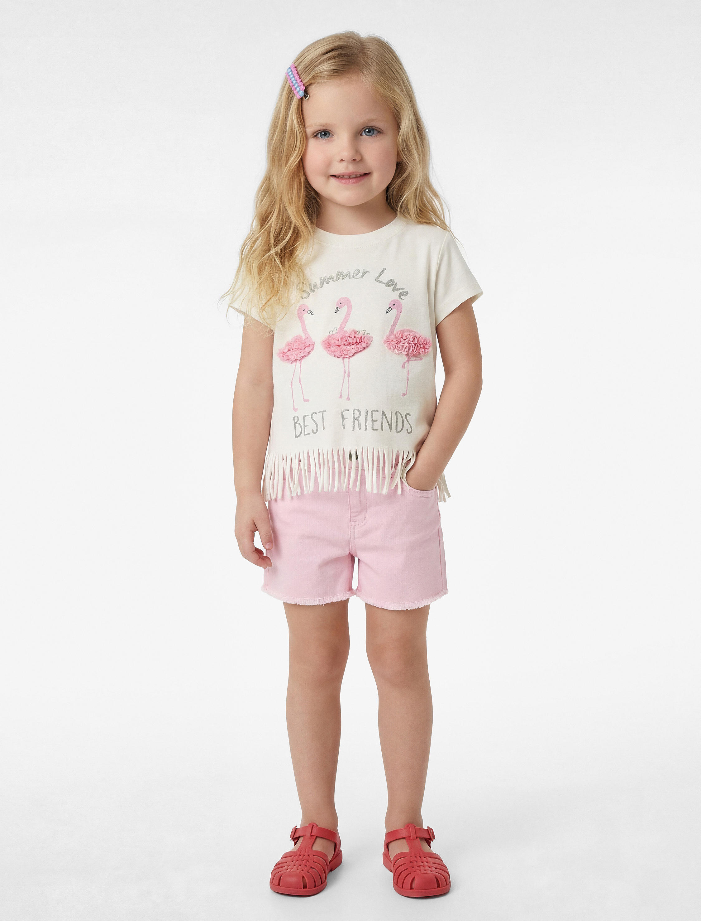  Kız Bebek Flamingo Baskılı Aplike Detaylı Kısa Kollu Bisiklet Yaka Pamuklu Püsküllü Tişört