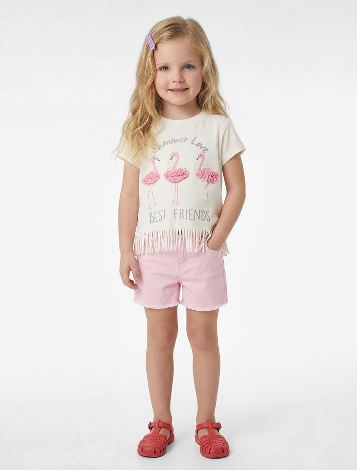 Kız Bebek Flamingo Baskılı Aplike Detaylı Kısa Kollu Bisiklet Yaka Pamuklu Püsküllü Tişört