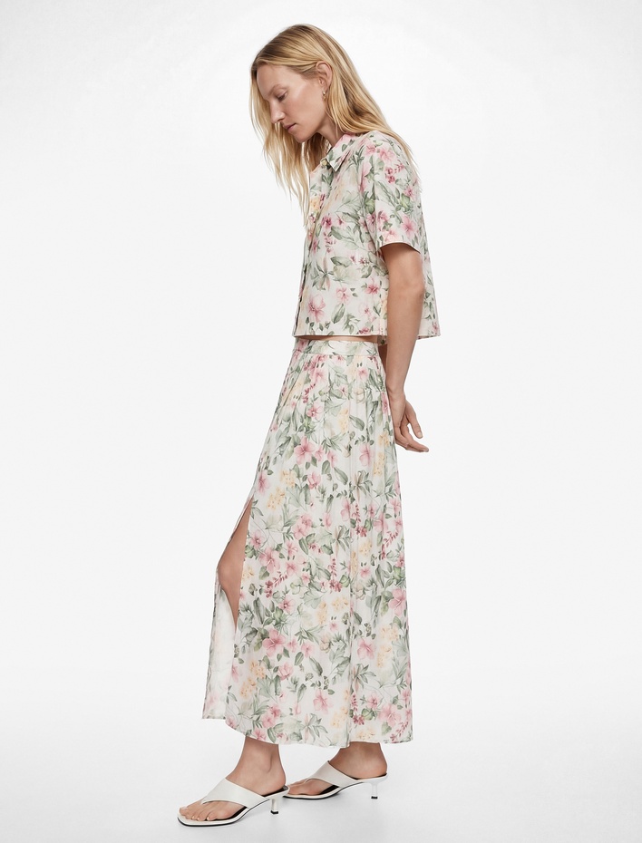  Rahat Kalıp Cepli Çiçekli Pileli Midi Kloş Etek