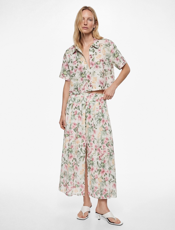  Rahat Kalıp Cepli Çiçekli Pileli Midi Kloş Etek