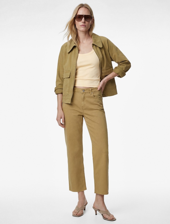  Pamuklu Cepli Düğmeli İspanyol Paça Crop Jean Pantolon -  Kick Flare Jeans