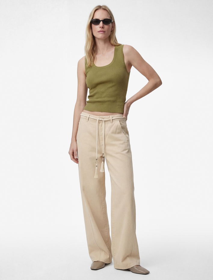  Pamuklu Normal Bel Kemerli Geniş Paça Pantolon -  Wide Leg Jeans
