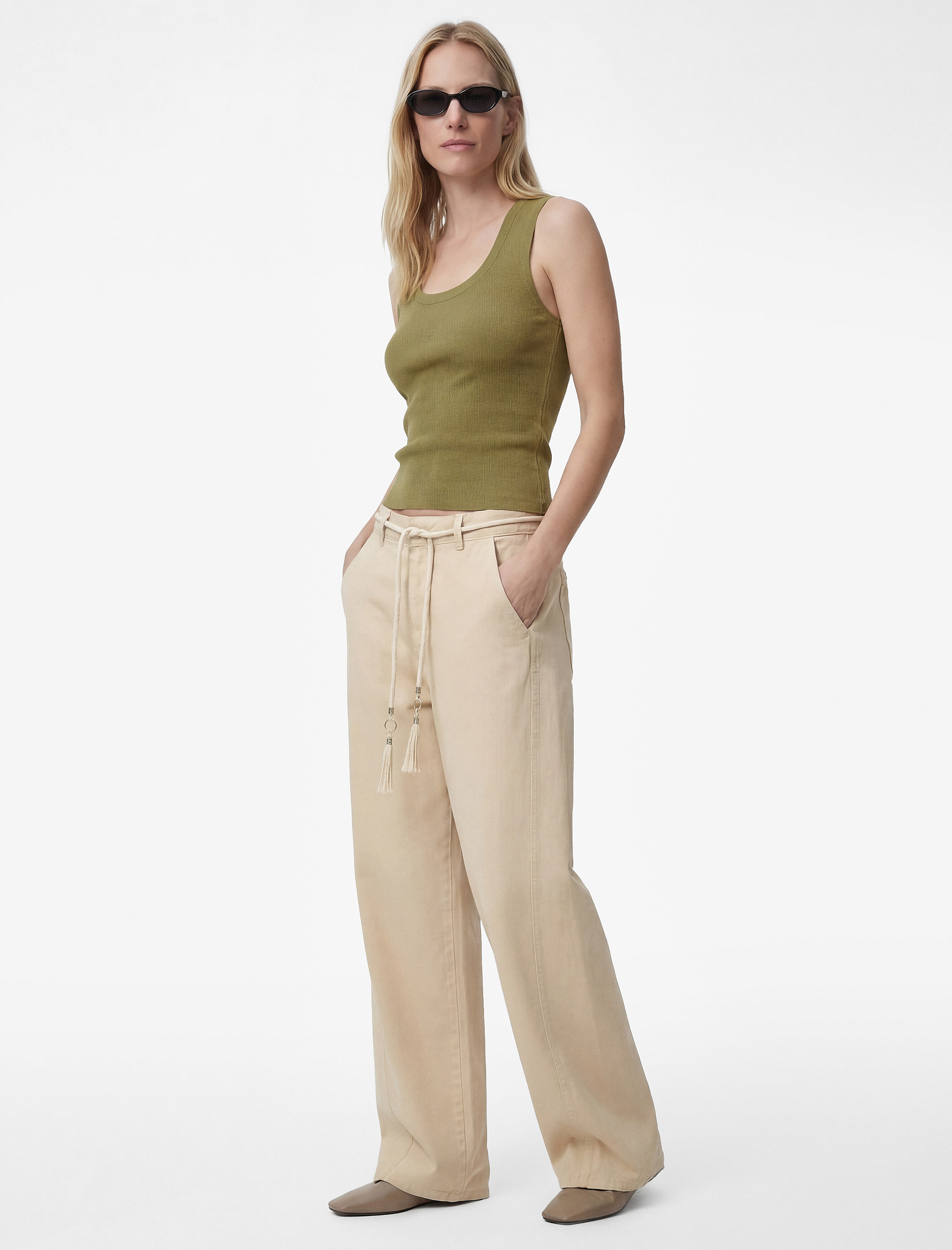   Pamuklu Normal Bel Kemerli Geniş Paça Pantolon -  Wide Leg Jeans