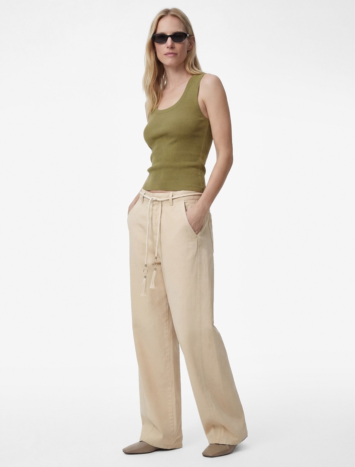  Pamuklu Normal Bel Kemerli Geniş Paça Pantolon -  Wide Leg Jeans