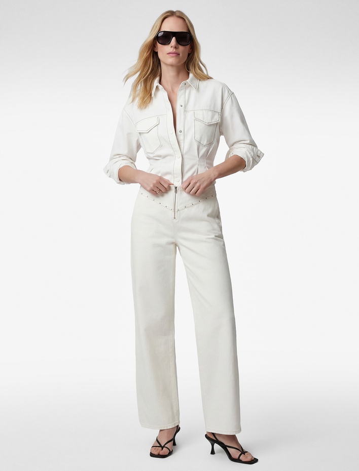  Düşük Bel Troklu Fermuarlı Cep Detaylı Geniş Paça Pantolon - Wide Leg Jeans