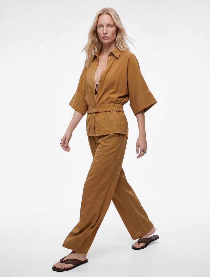  Viskon Gofre Kumaş Cepli Pile Detaylı Geniş Paça Palazzo Pantolon